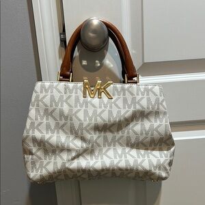 Michael Kors White and Brown Satchel with Gold Hardware